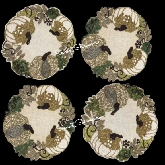 4 Nicole Miller Thanksgiving Beaded WHITE PUMPKIN Jute Placemat Chargers New